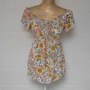 MAURICES FLOWY FLORAL OFF SHOULDER DRAWSTRING GATHERED BODICE TOP